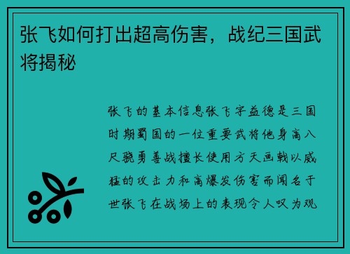 张飞如何打出超高伤害，战纪三国武将揭秘